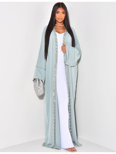 Kimono long en voile à bordures ornées de perles et de strass