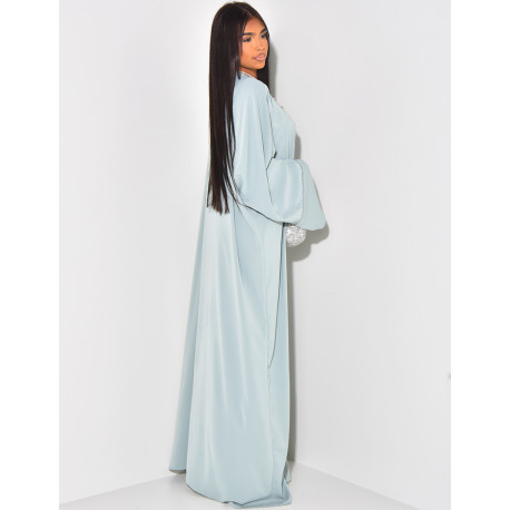 Kimono long en voile à bordures ornées de perles et de strass