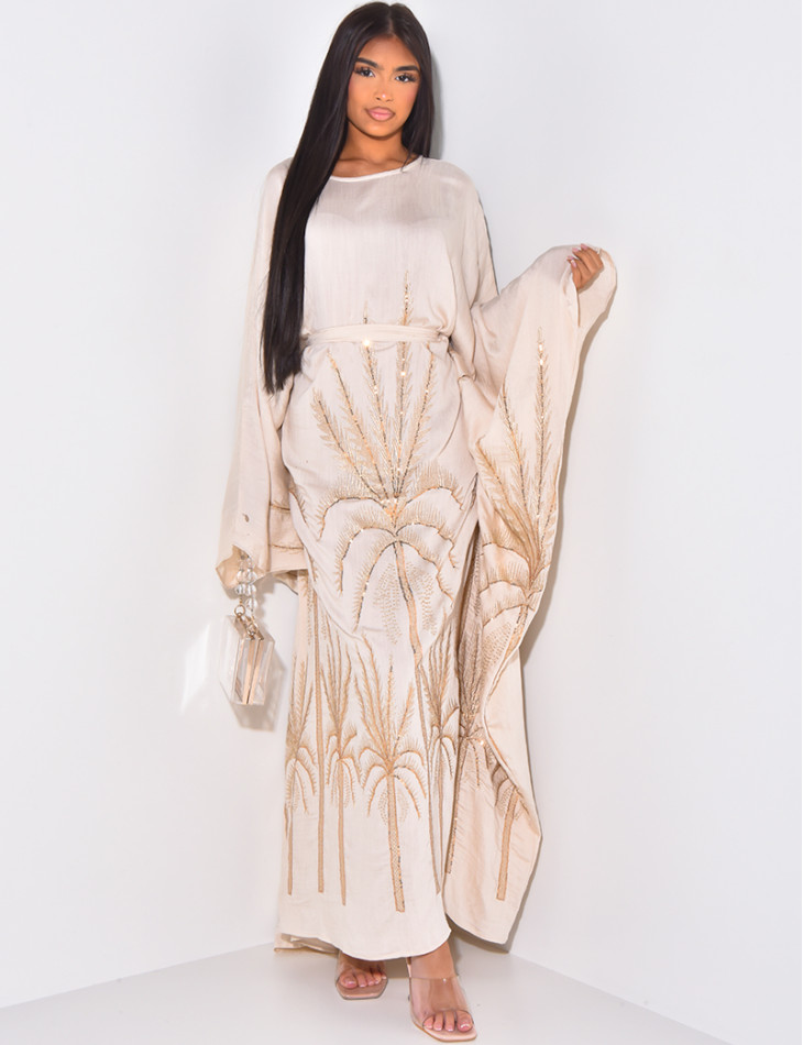 Abaya with palm tree motif to tie