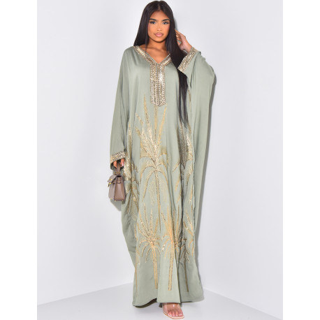 Abaya with palm tree motif and gold collar