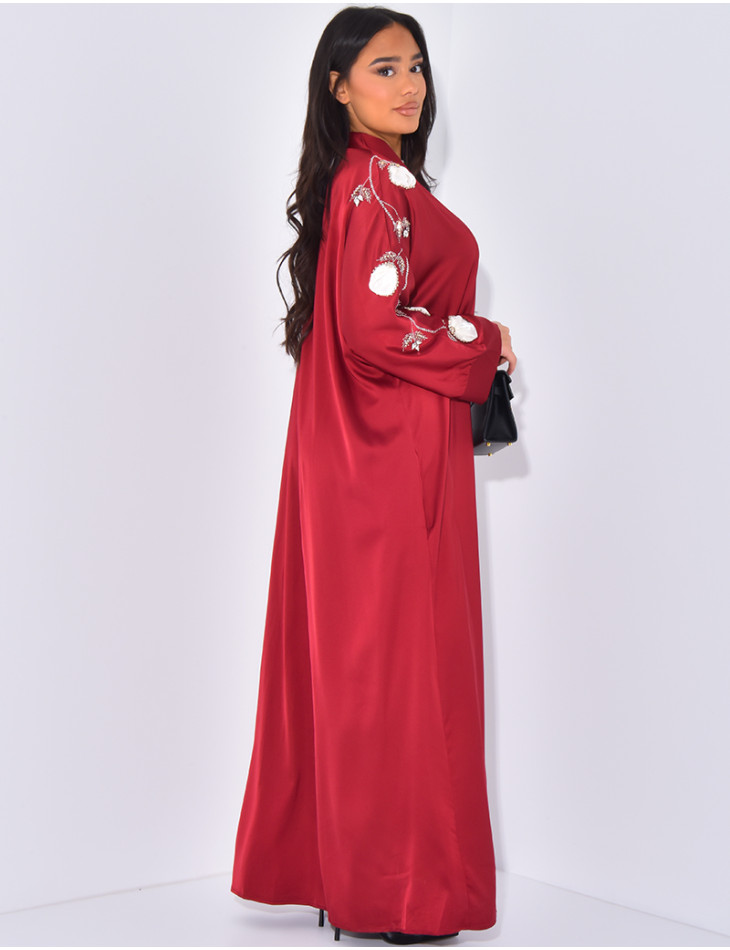 Satin abaya with flowers and rhinestones on the sleeves
