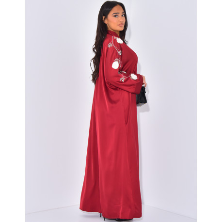 Satin abaya with flowers and rhinestones on the sleeves