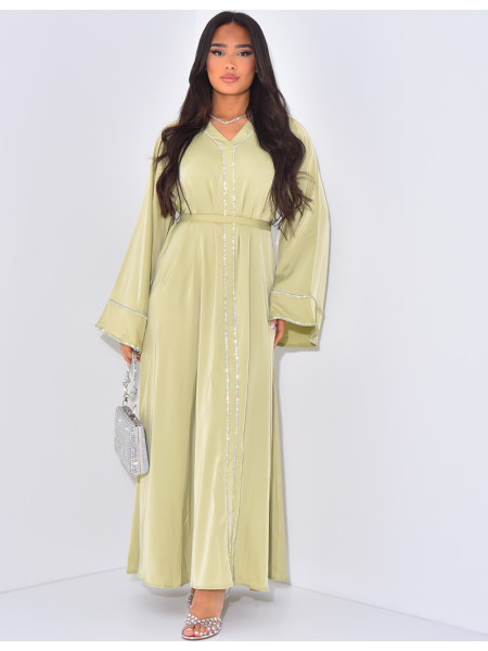 Satin abaya with rhinestone trim