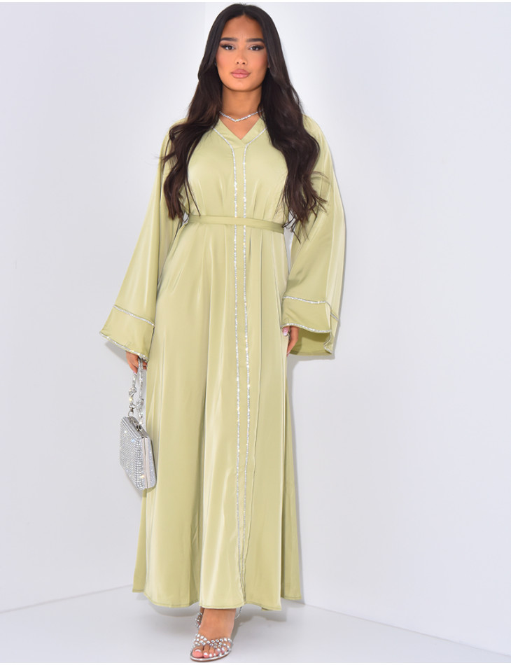 Satin abaya with rhinestone trim