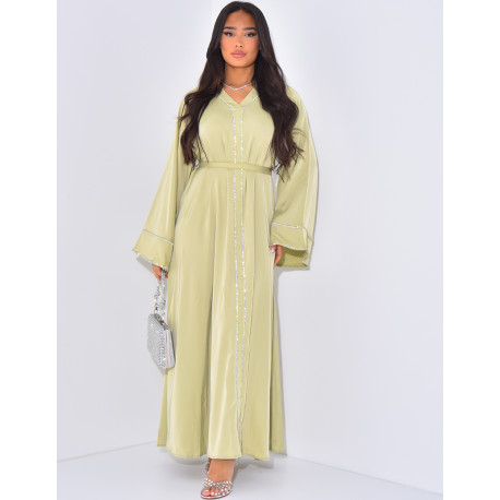 Satin abaya with rhinestone trim