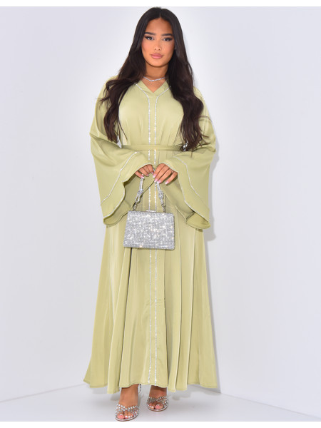 Satin abaya with rhinestone trim
