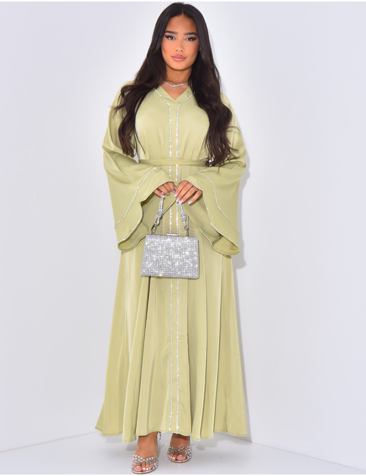 Satin abaya with rhinestone trim