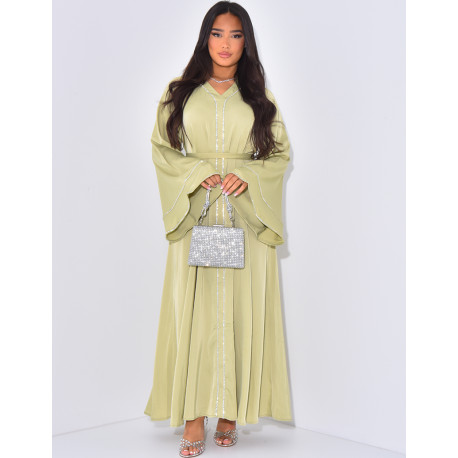 Satin abaya with rhinestone trim