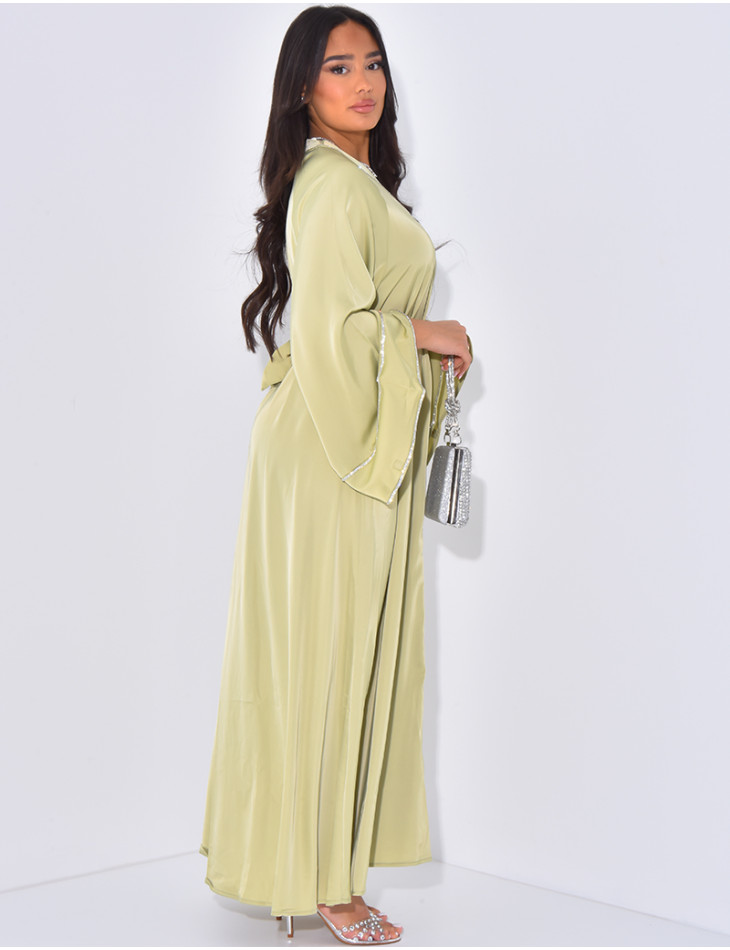 Satin abaya with rhinestone trim