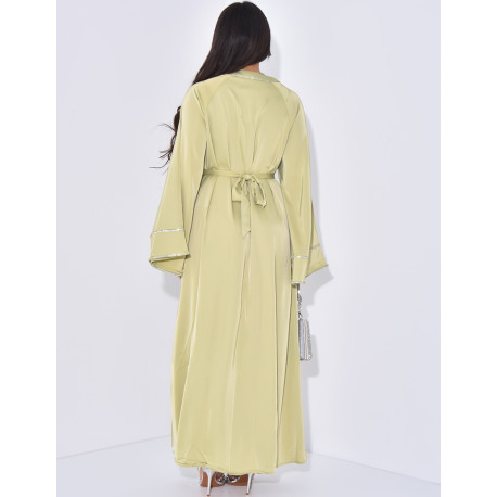Satin abaya with rhinestone trim