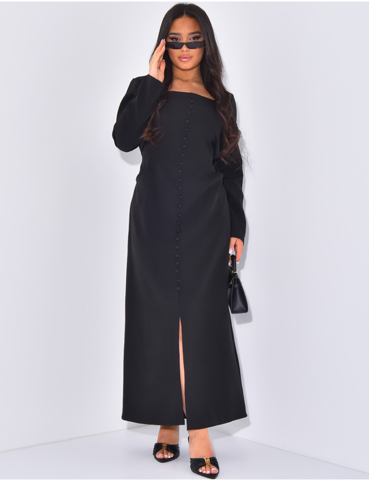 Langes Kleid mit quadratischem Ausschnitt, hinten geknöpft und gebunden