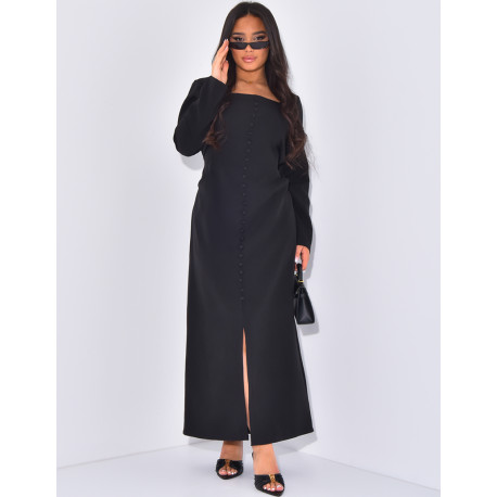 Langes Kleid mit quadratischem Ausschnitt, hinten geknöpft und gebunden