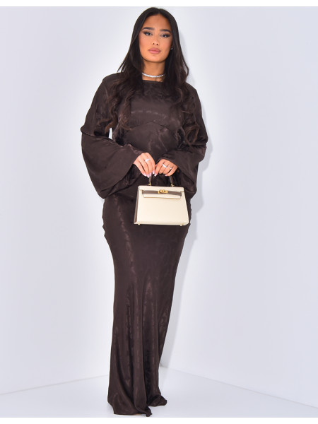 Long satin dress with pattern, fitted at the back