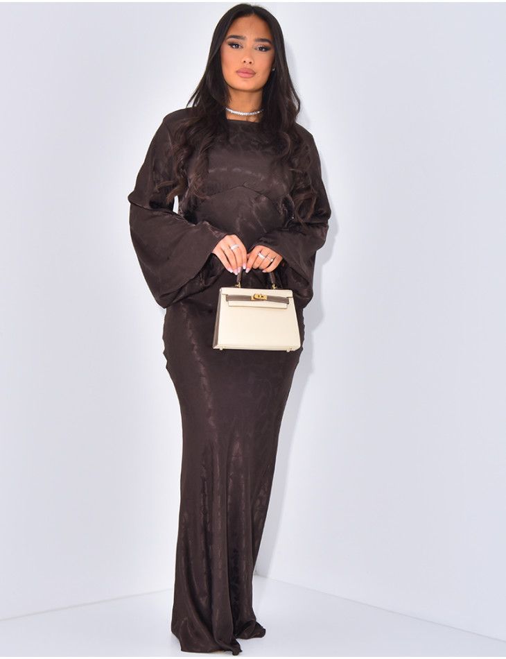 Long satin dress with pattern, fitted at the back