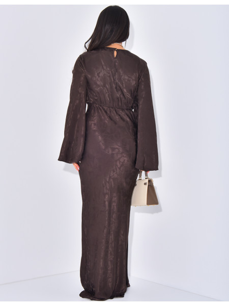 Long satin dress with pattern, fitted at the back