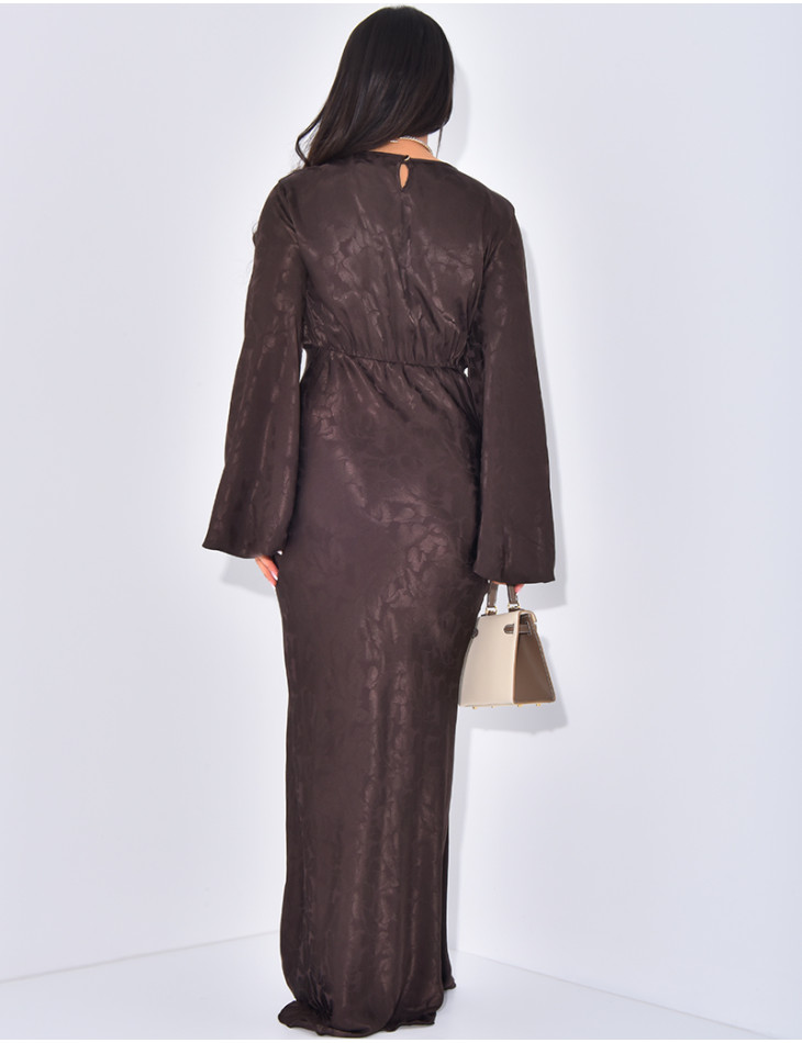 Long satin dress with pattern, fitted at the back