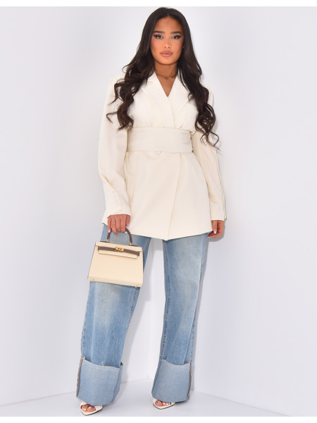 Oversized blazer with wide belt and visible buttons