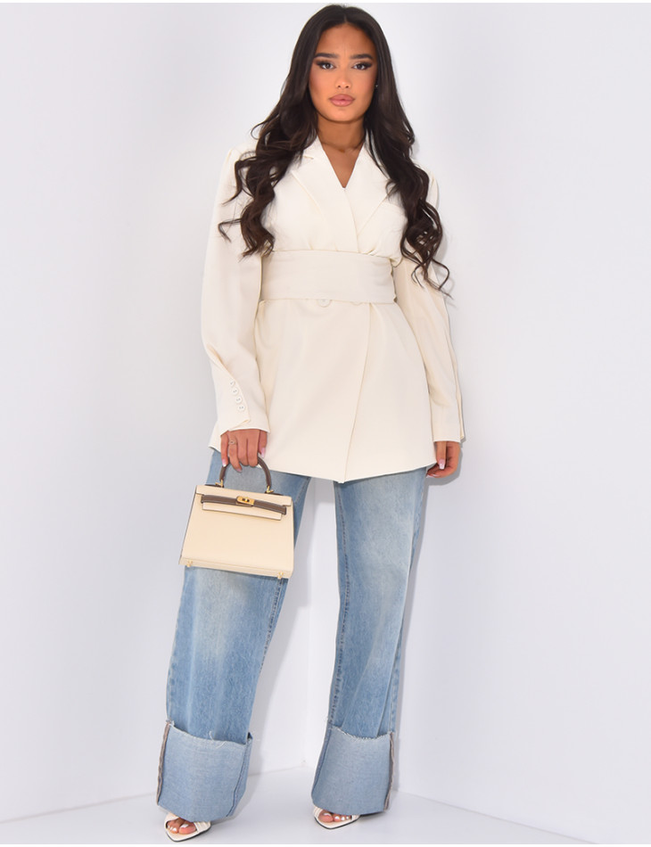Oversized blazer with wide belt and visible buttons