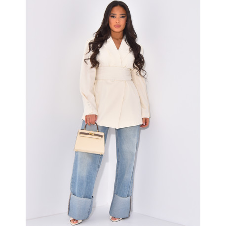 Oversized blazer with wide belt and visible buttons