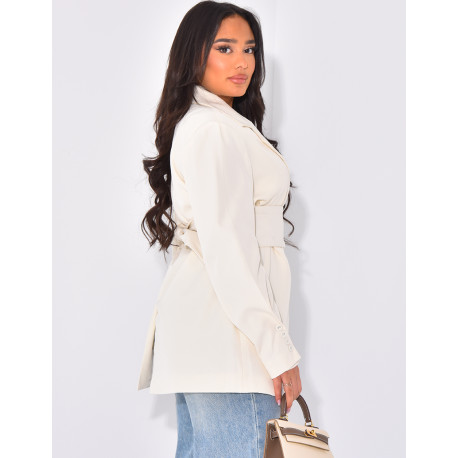 Oversized blazer with wide belt and visible buttons