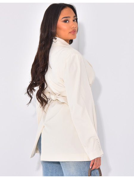 Oversized blazer with wide belt and visible buttons