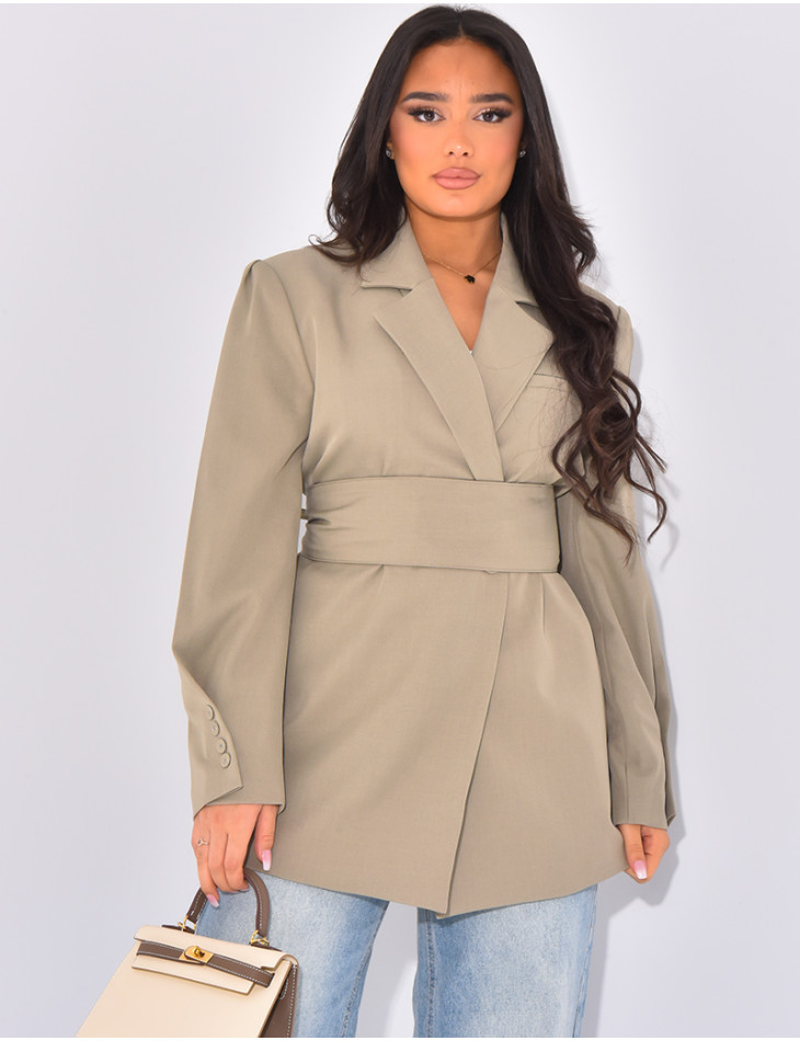 Oversized blazer with wide belt and visible buttons