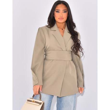 Oversized blazer with wide belt and visible buttons