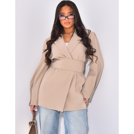 Oversized blazer with wide belt and visible buttons