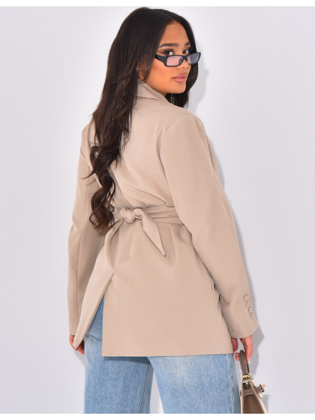 Oversized blazer with wide belt and visible buttons