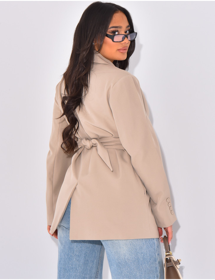 Oversized blazer with wide belt and visible buttons