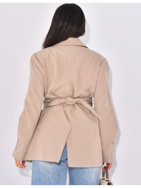 Oversized blazer with wide belt and visible buttons
