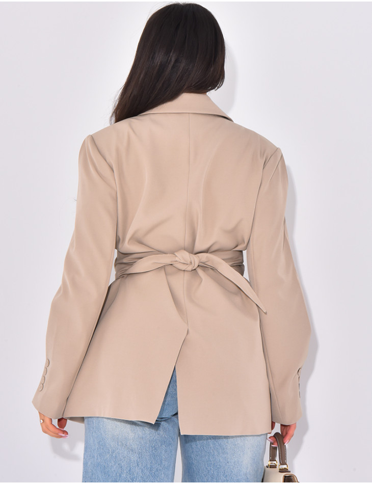 Oversized blazer with wide belt and visible buttons