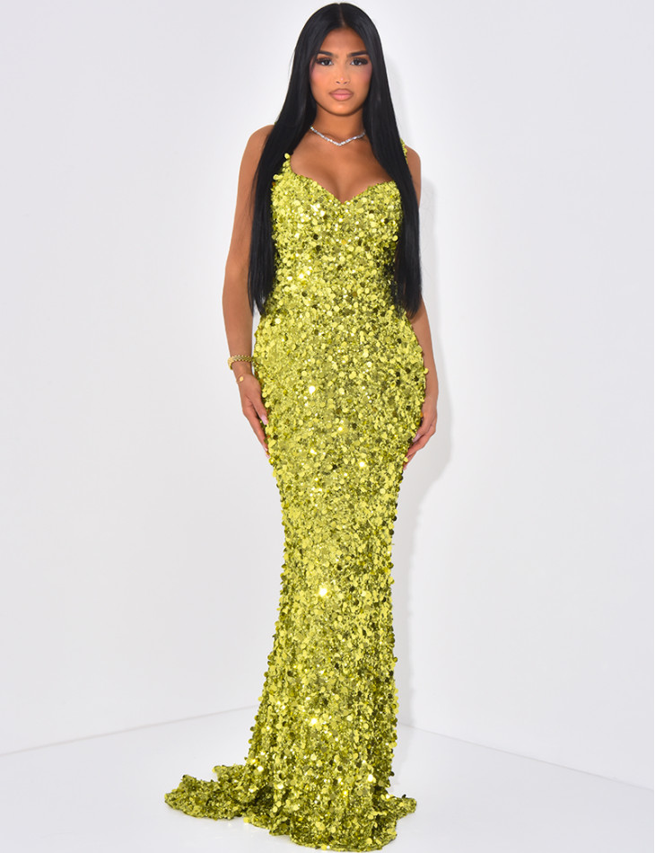 Robe de soirée longue à paillettes et sequins