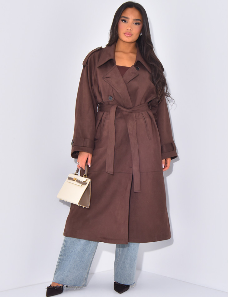 Langer Wildleder-Trenchcoat mit Krawatte