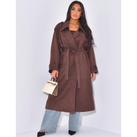Langer Wildleder-Trenchcoat mit Krawatte