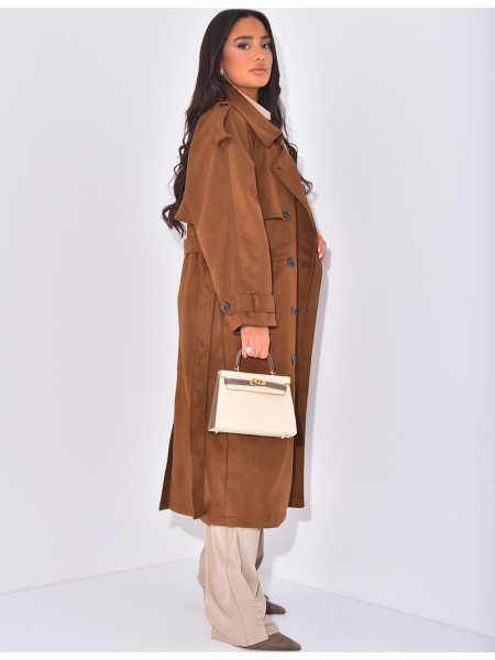 Long suede trench coat to tie