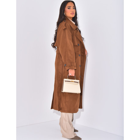 Long suede trench coat to tie