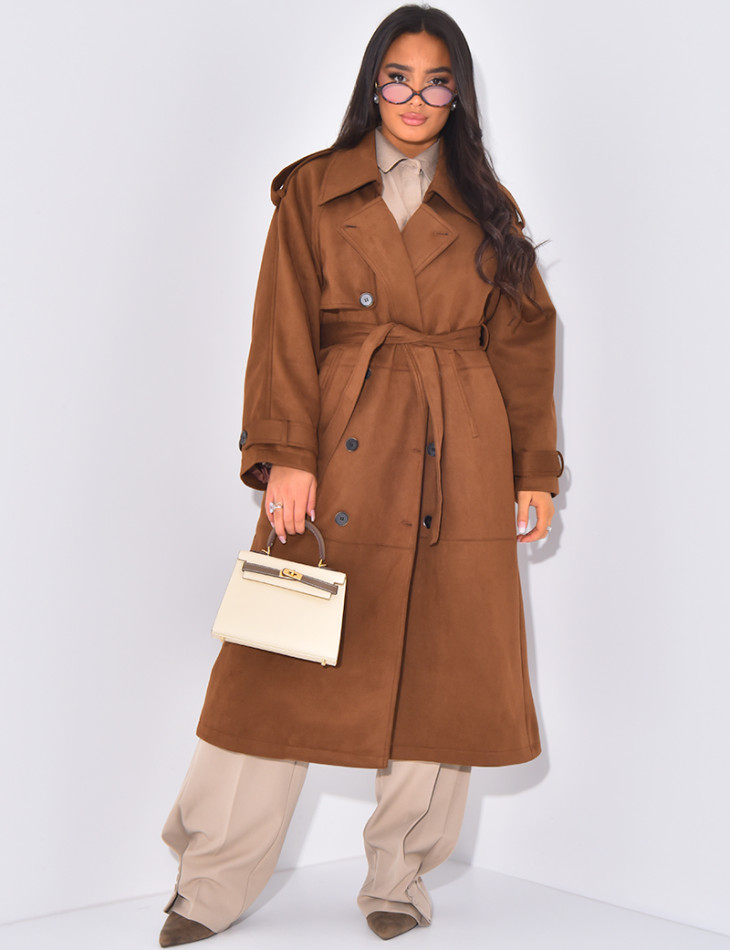 Langer Wildleder-Trenchcoat mit Krawatte