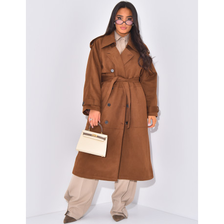 Langer Wildleder-Trenchcoat mit Krawatte