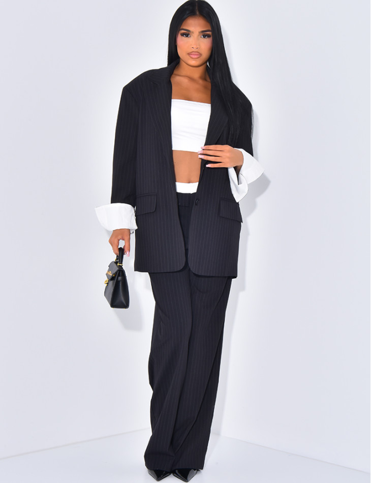 Striped tailored trousers with turn-ups at the waist