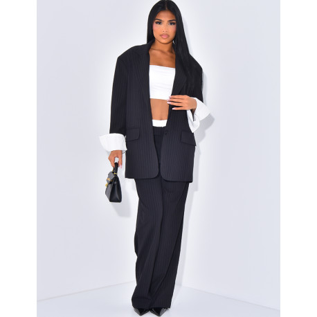 Striped tailored trousers with turn-ups at the waist