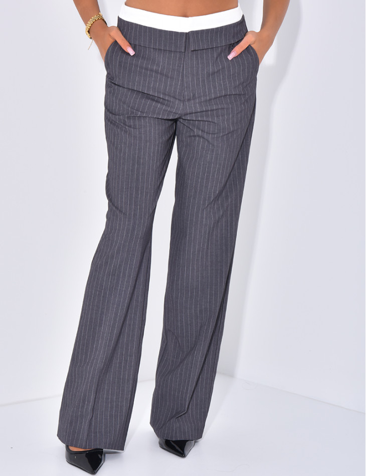 Striped tailored trousers with turn-ups at the waist
