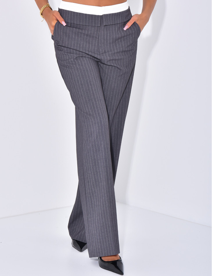 Striped tailored trousers with turn-ups at the waist