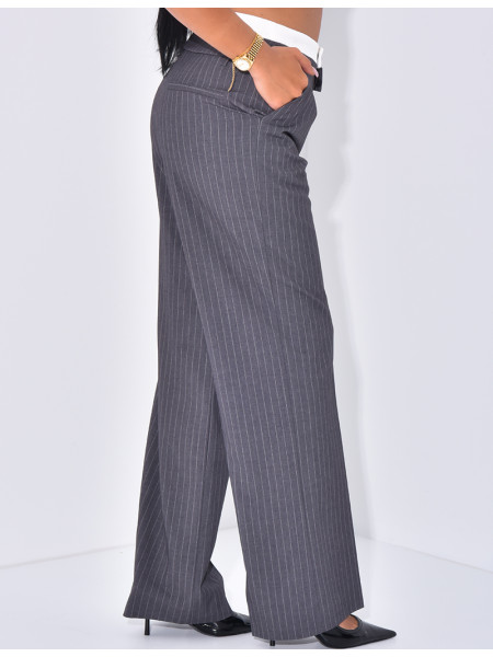Striped tailored trousers with turn-ups at the waist