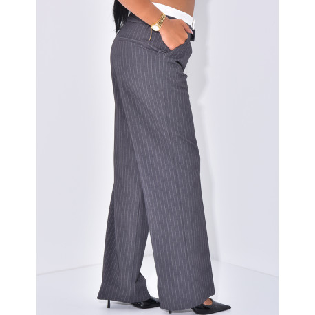 Striped tailored trousers with turn-ups at the waist
