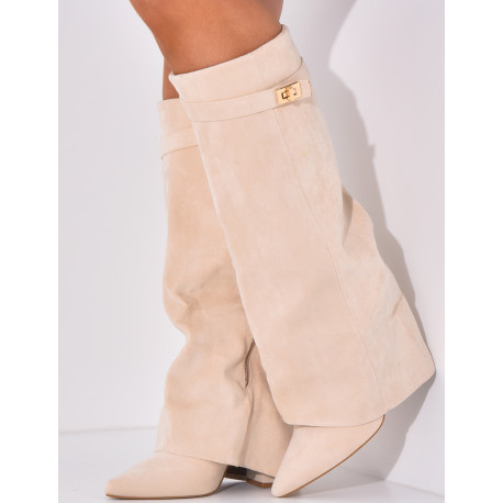 Suedette boots with square heels and flap