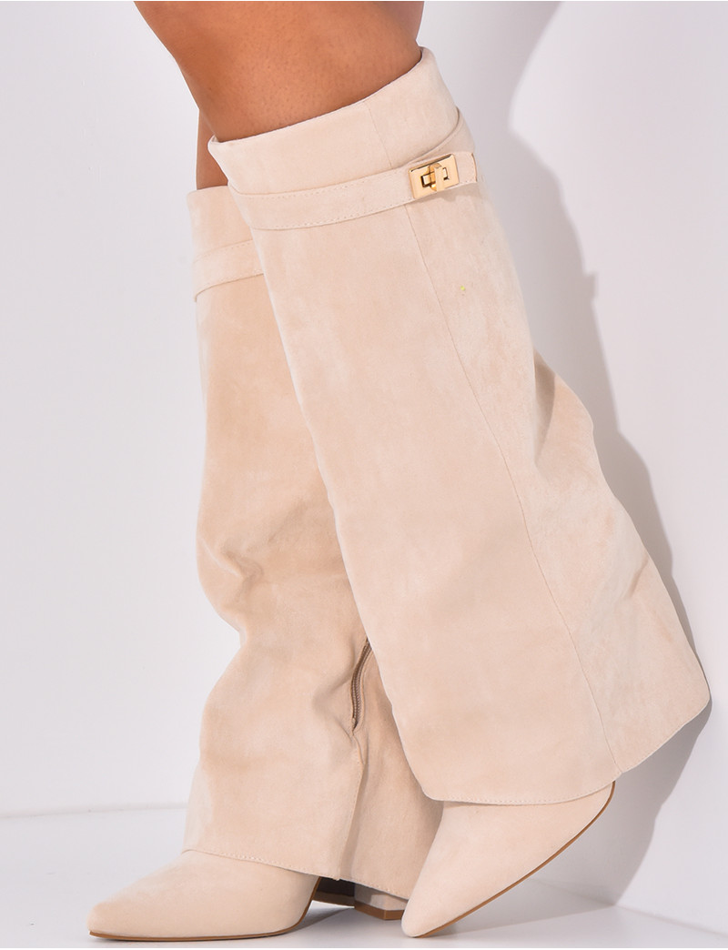 Suedette boots with square heels and flap
