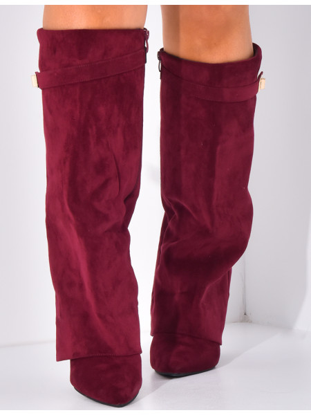 Bottes en suédine à talons carré et rabat