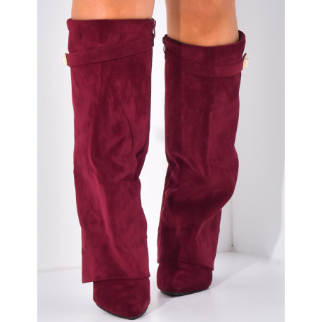Bottes en suédine à talons carré et rabat
