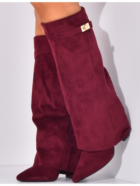 Bottes en suédine à talons carré et rabat